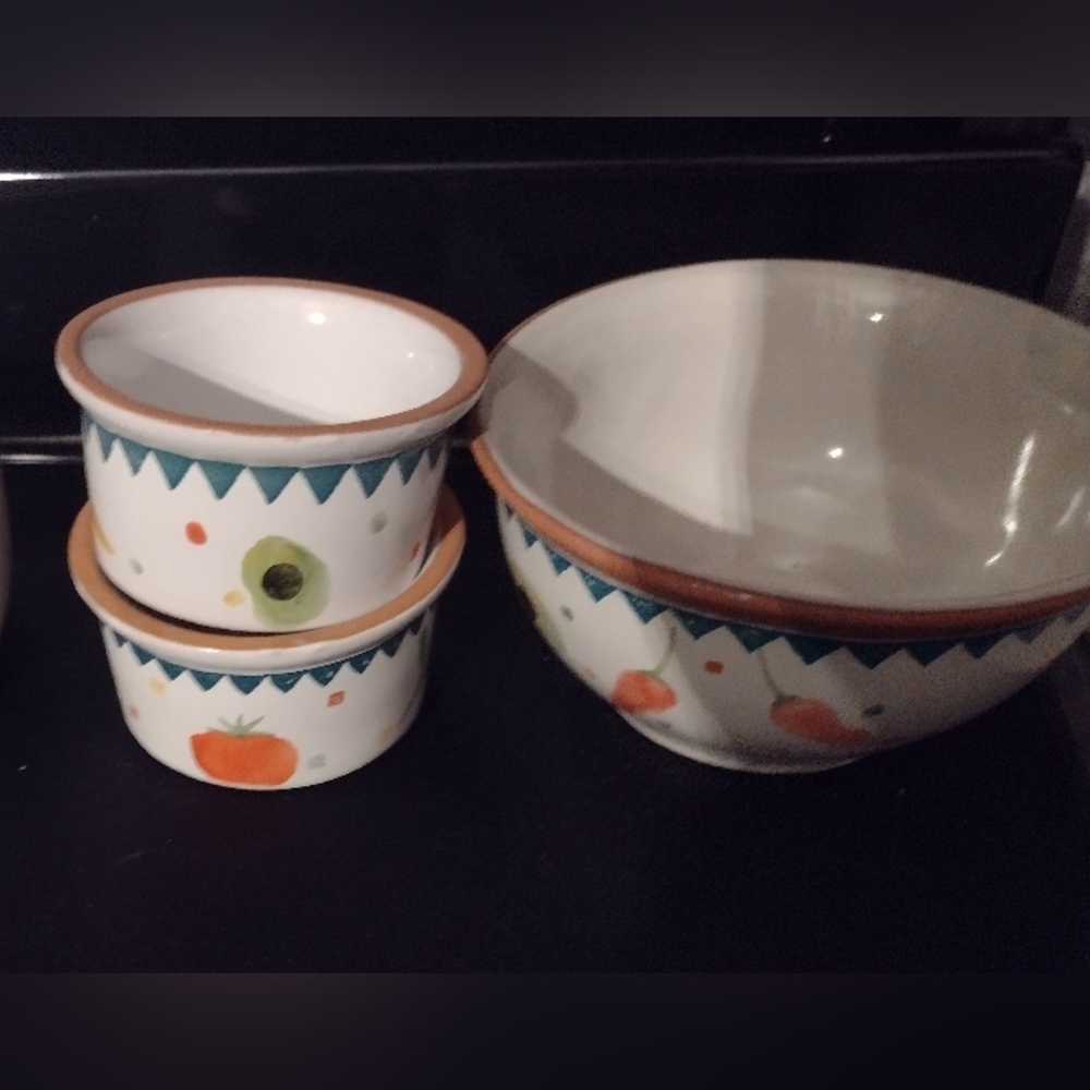 Southwestern Salsa Bowl & Two Ramekins Terra Cotta with White Ceramic glaze